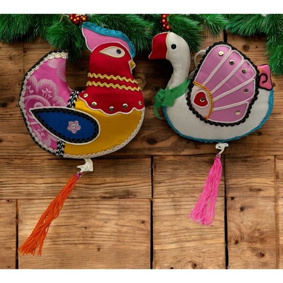 Unbranded Other - Colorful Fabric Bird Christmas Ornaments Set of 2 Satin Rooster White Swan